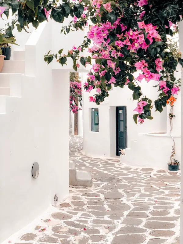 Gasse mit weißen Häusern auf Paros